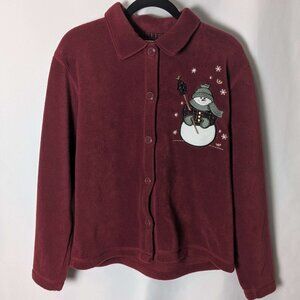 Christopher & Banks Vintage Burgundy Fleece Snowman Button-Up Top Medium